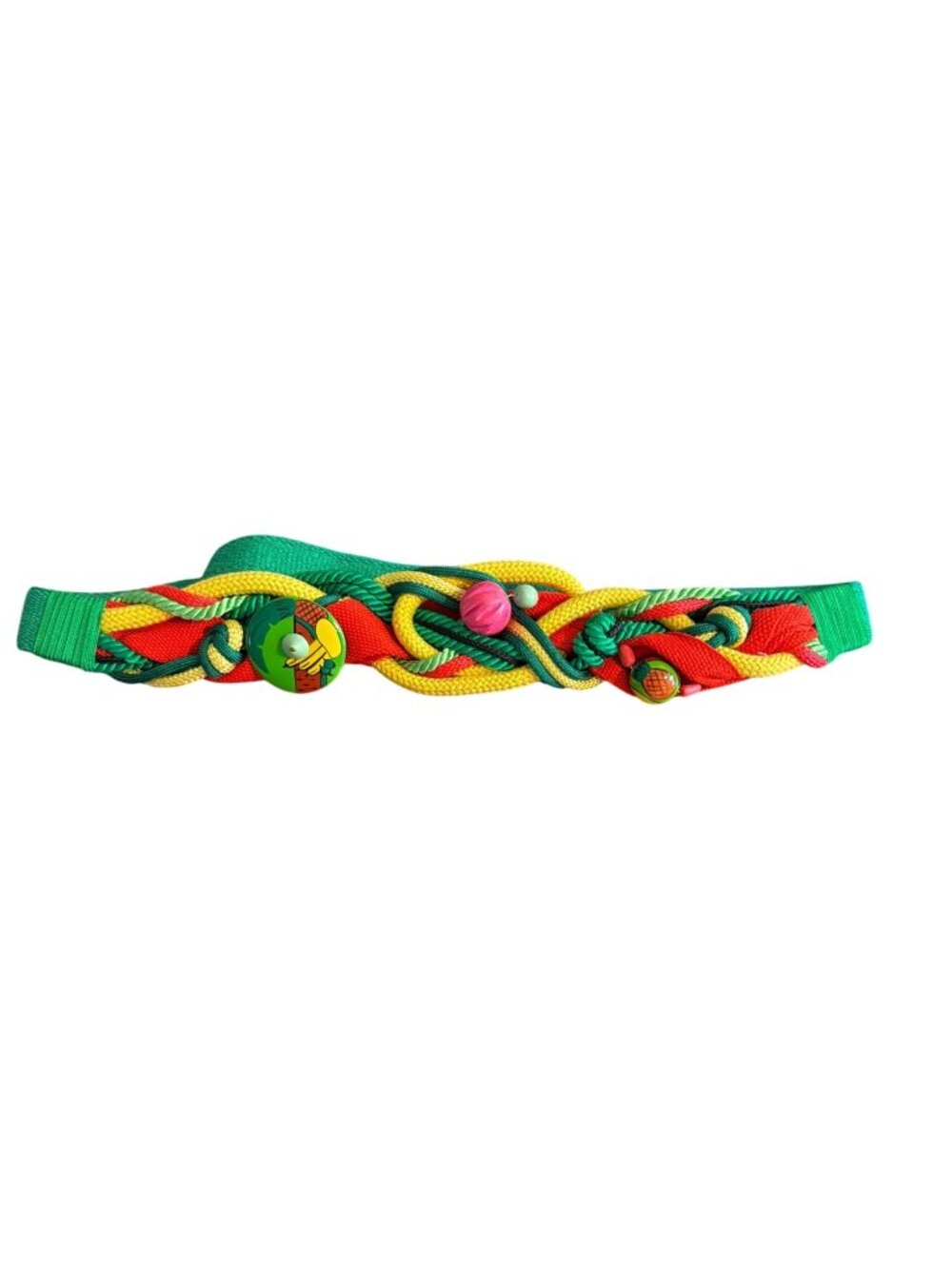 Vintage Colorful Woven Belt Multicolored Rope Braid Painted Wooden Accents Adj
